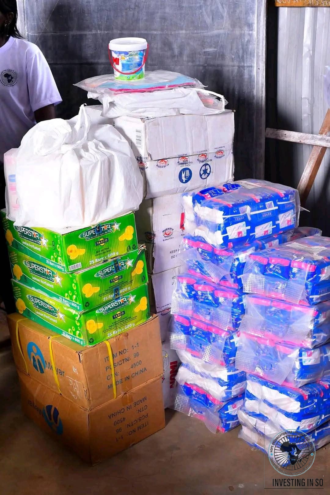 Soap, sanitary supplies and household essentials prepared by HOFAD for distribution to vulnerable families